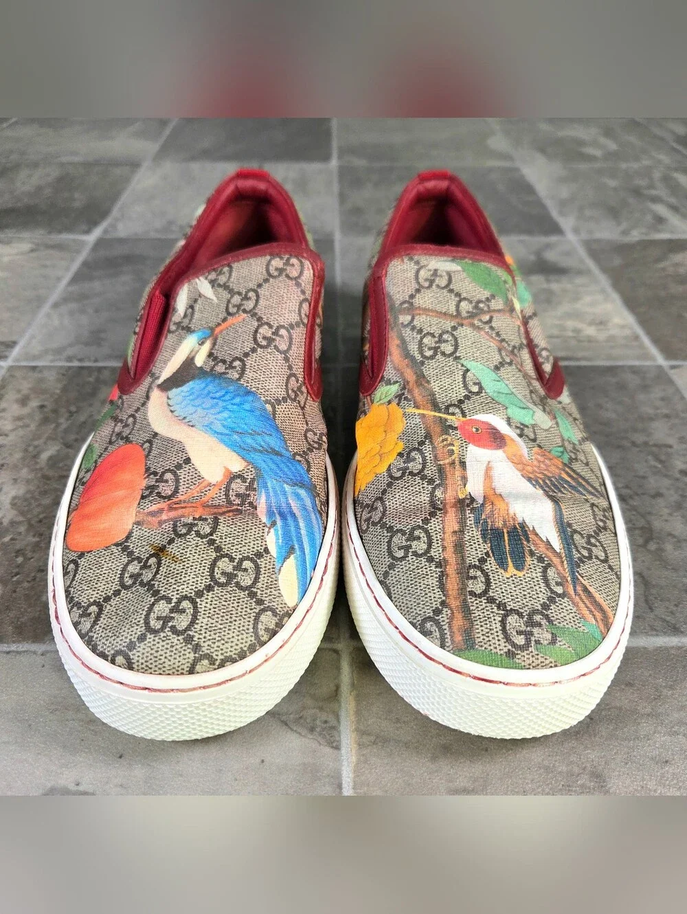 GUCCI GG SUPREME TIAN BIRD PRINT SLIP ON SNEAKERS.